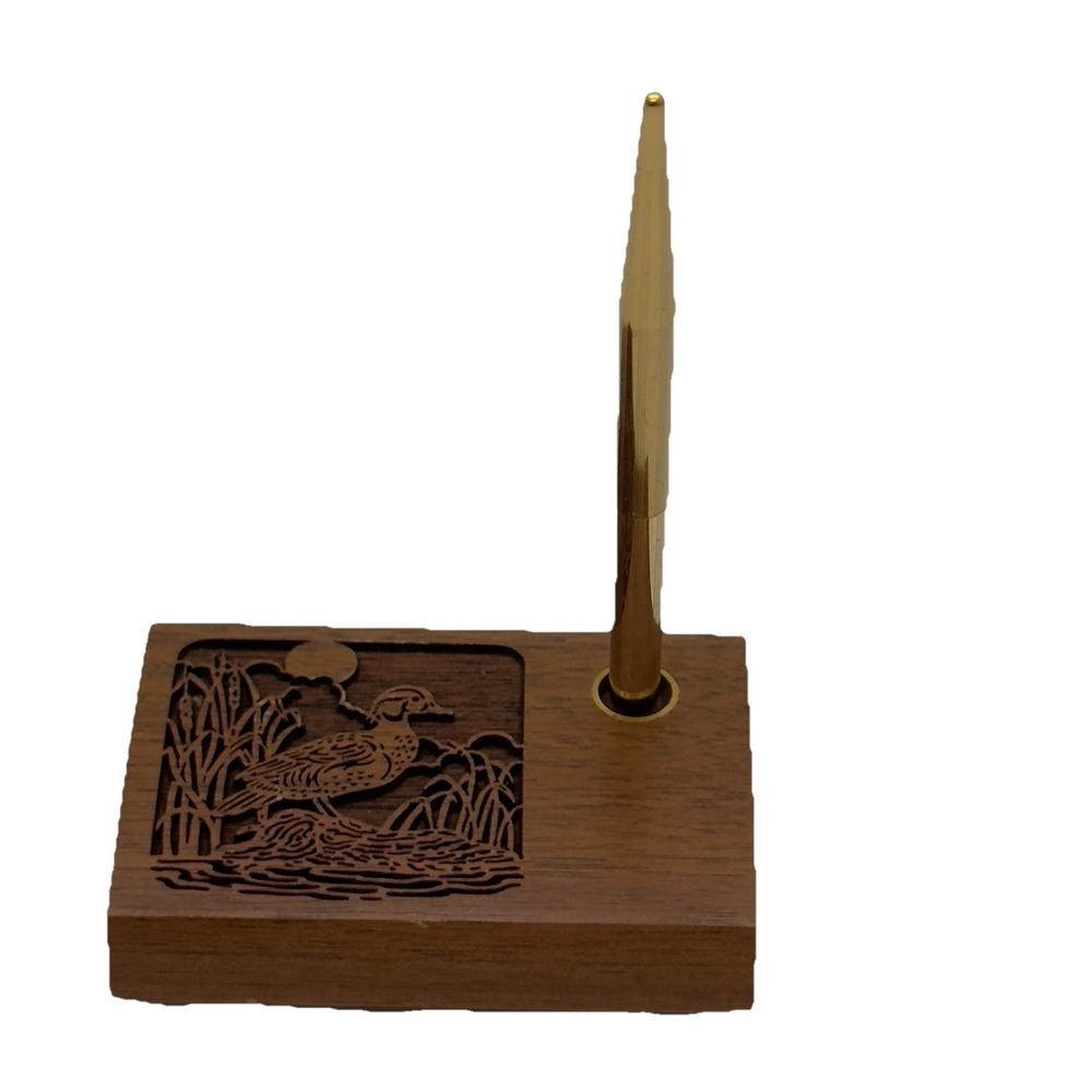 Vtg Lasercraft Engraved Walnut Wood Pen Holder Desk‎ Accessory Rustic Duck READ